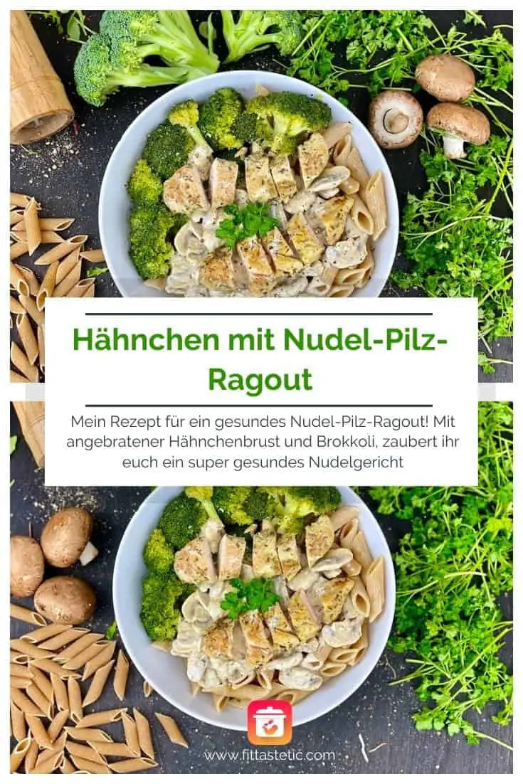 Gesundes Nudel-Pilz-Ragout mit Brokkoli und Hähnchen