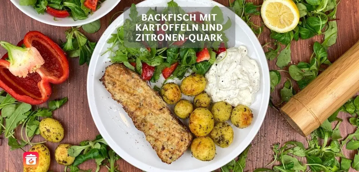 Backfisch mit Zitronen-Quark, Kartoffeln und Feldsalat