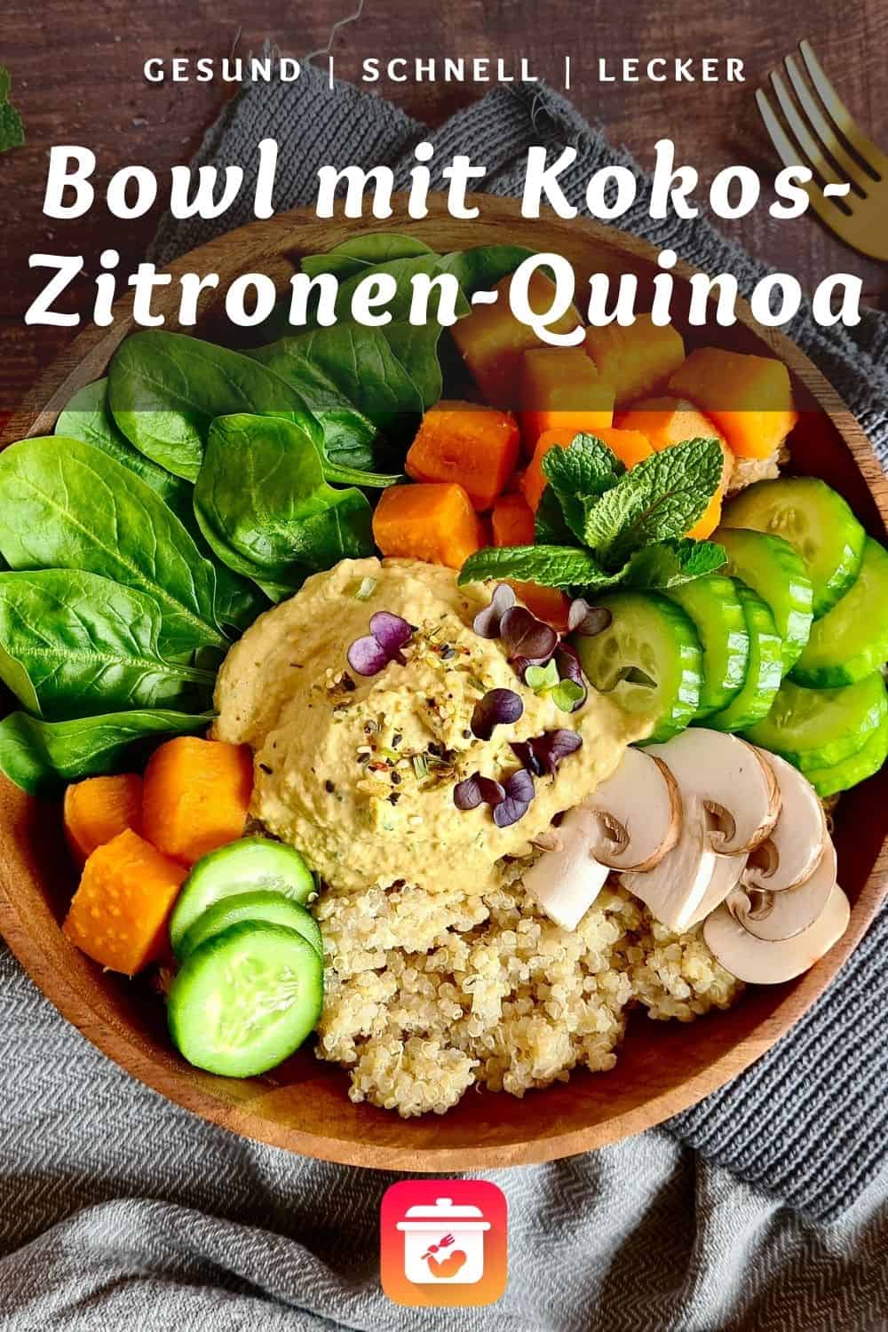 Bunte Bowl mit Kokos-Zitronen-Quinoa und Hummus