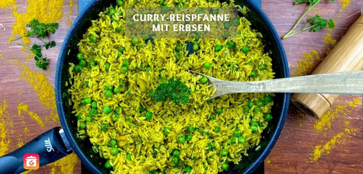 Curry-Reispfanne mit Erbsen – Vegetarische Reispfanne mit Gemüse